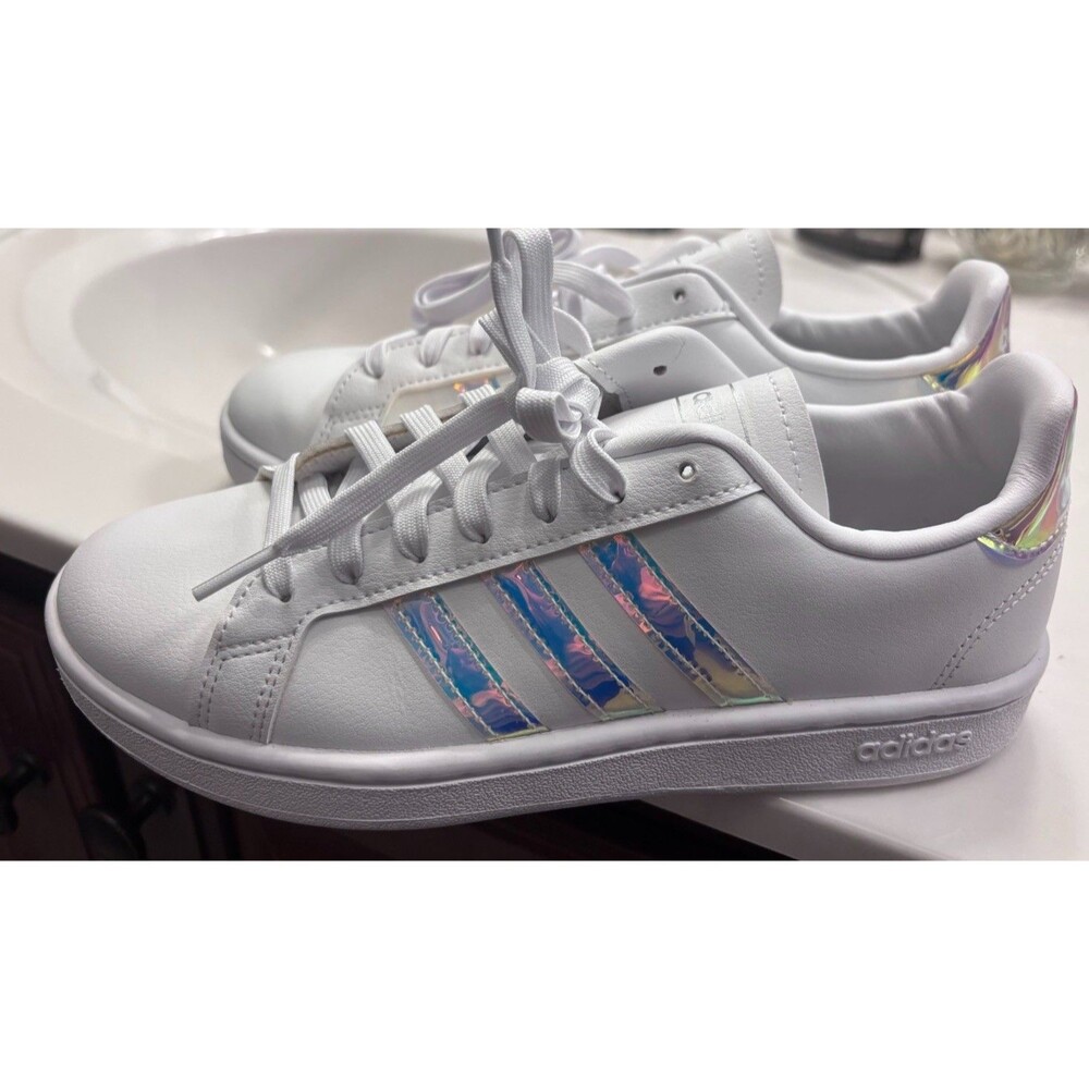 Adidas Grand Court White Iridescent Stripe Sneakers Women’s 7 New No Box